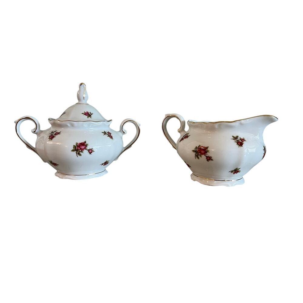Vintage Bavaria Western Germany Sugar Bowl Creamer Set Pink Rose Gold Trim